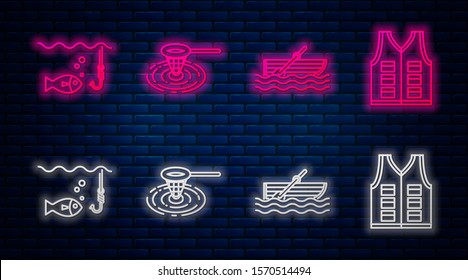 Set line Fishing net in water, Fishing boat with oars on water, Fishing hook under water with fish and Fishing jacket. Glowing neon icon on brick wall. Vector