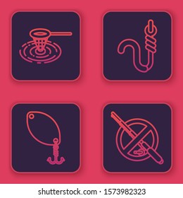 Set line Fishing net in water, Fishing spoon, Fishing hook and worm and No fishing. Blue square button. Vector