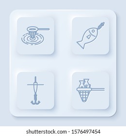Set line Fishing net in water, Fish on hook, Fishing hook and float and Fishing net with fish. White square button. Vector