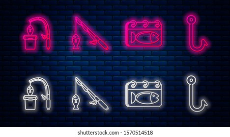 Set line Fishing rod and fish, Calendar with a fish, Fishing rod and fish and Fishing hook. Glowing neon icon on brick wall. Vector