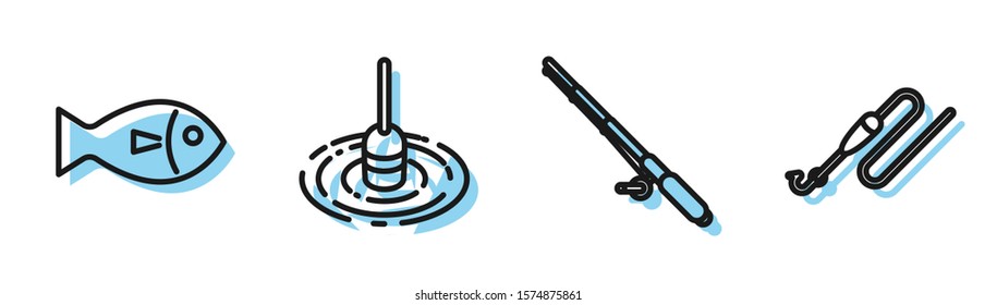 Set line Fishing rod, Fish, Fishing float in water and Fishing line with hook and float icon. Vector