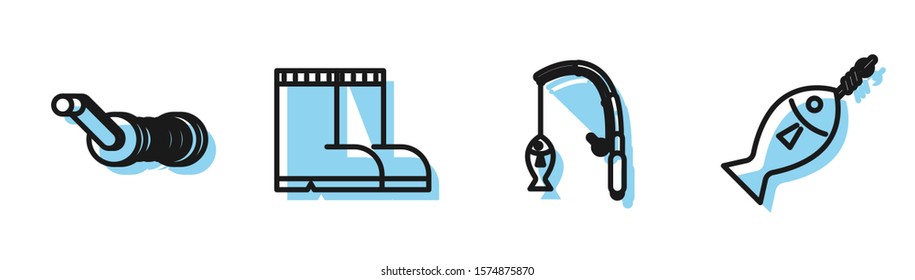 Set line Fishing rod and fish, Spinning reel for fishing, Fishing boots and Fish on hook icon. Vector