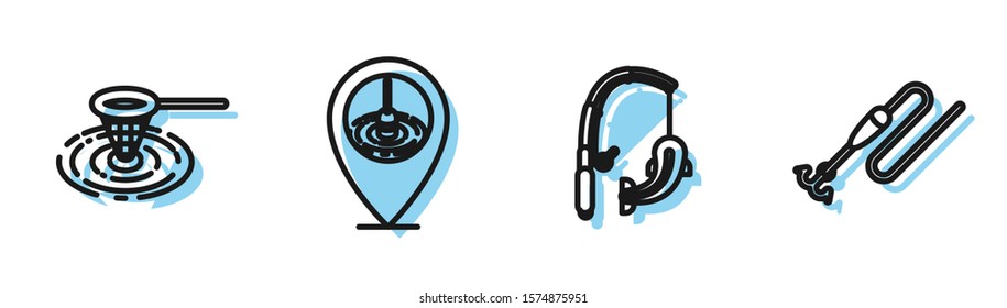 Set line Fishing rod and fish, Fishing net in water, Location fishing and Fishing line with hook and float icon. Vector