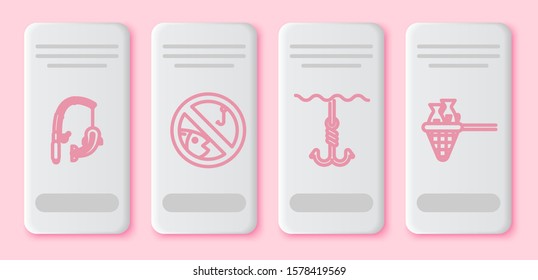 Set line Fishing rod and fish, No fishing, Fishing hook under water and Fishing net with fish. White rectangle button. Vector