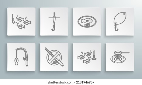 Set line Fishing rod and fish, hook float, No fishing, under water with, net, trophy hanging on the board, spoon and  icon. Vector
