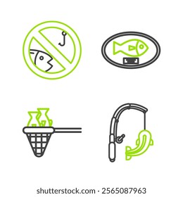 Set line Fishing rod and fish, net with, trophy hanging on the board and No fishing icon. Vector