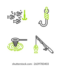 Set line Fishing rod and fish, net water, hook and under with icon. Vector