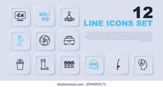 Set line Fishing rod, Fisherman, Outboard boat motor, lure, boots, hook with fish and Dried icon. Vector