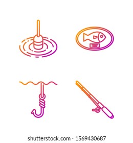 Set line Fishing rod, Fishing hook under water, Fishing float in water and Fish trophy hanging on the board. Gradient color icons. Vector