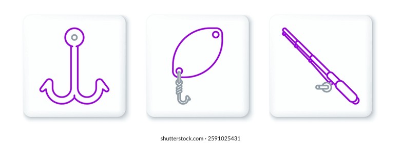 Set line Fishing rod, hook and spoon icon. Vector