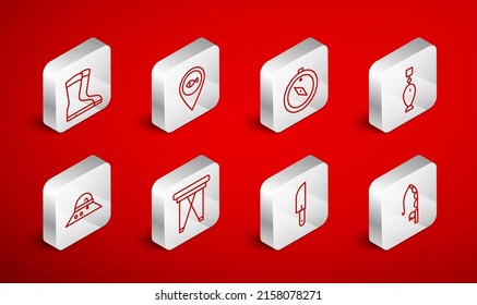 Set line Fishing rod, Location fishing, Compass, spoon, Knife, boots, Folding chair and Fisherman hat icon. Vector