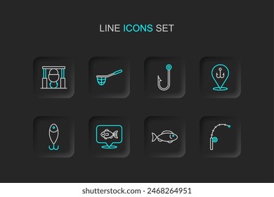 Set line Fishing rod, Location fishing, lure, hook, Fisherman, net and Campfire and pot icon. Vector