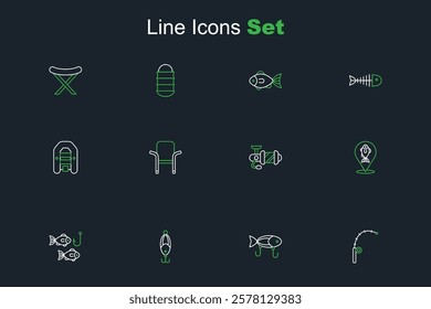 Set line Fishing rod, lure, hook with fish, Location fishing, Spinning reel for, Camping folding chair and Inflatable boat motor icon. Vector