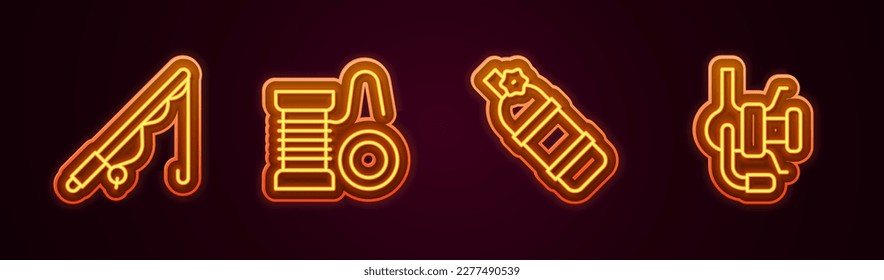 Set line Fishing rod, Spinning reel for fishing, Aqualung and . Glowing neon icon. Vector