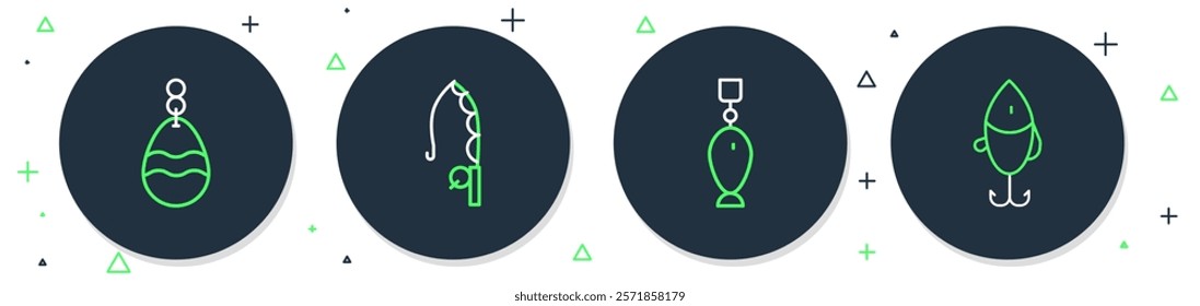 Set line Fishing rod, spoon,  and lure icon. Vector