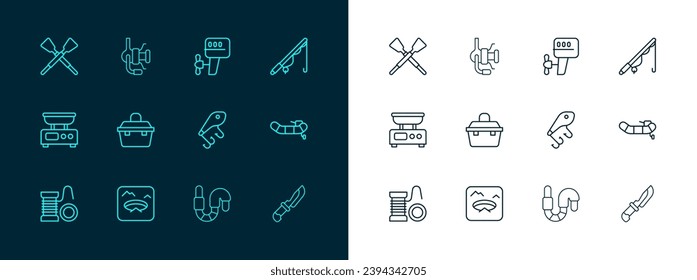 Set line Fishing rod, Winter fishing, lure, Worm, Case box for equipment, Outboard boat motor, Crossed oars paddles and Spinning reel icon. Vector