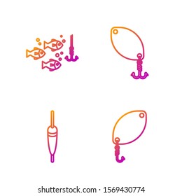 Set line Fishing spoon, Fishing float, Fishing hook under water with fish and Fishing spoon. Gradient color icons. Vector