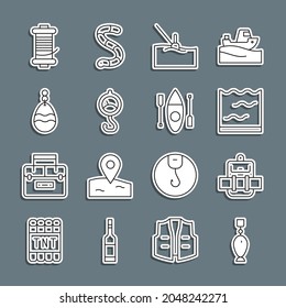Set line Fishing spoon, Hiking backpack, Aquarium, float water, Spring scale, Spinning reel for fishing and Kayak canoe icon. Vector