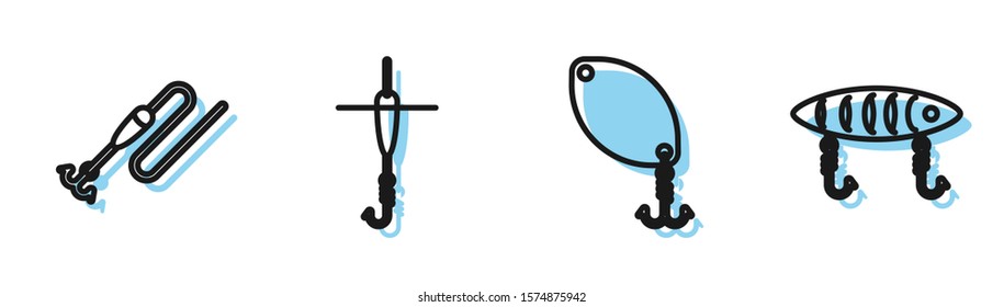 Set line Fishing spoon, Fishing line with hook and float, Fishing hook and float and Fishing lure icon. Vector