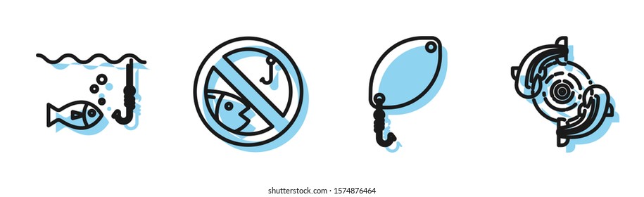 Set line Fishing spoon, Fishing hook under water with fish, No fishing and Fish icon. Vector