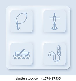 Set line Fishing spoon, Fishing hook and float, Fishing boat with oars on water and Fishing hook and worm. White square button. Vector
