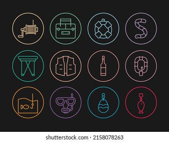 Set line Fishing spoon, Inflatable boat, Lifebuoy, jacket, Folding chair, Spinning reel for fishing, Bottle of vodka and Case container wobbler icon. Vector
