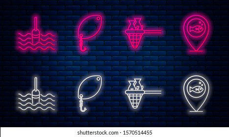 Set line Fishing spoon, Fishing net with fish, Fishing float in water and Location fishing. Glowing neon icon on brick wall. Vector