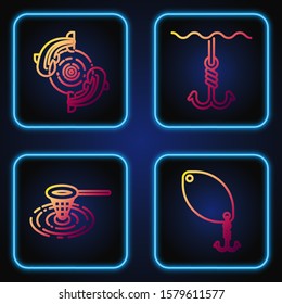 Set line Fishing spoon, Fishing net in water, Fish and Fishing hook under water. Gradient color icons. Vector