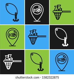Set line Fishing spoon, Fishing net with fish and Location fishing icon. Vector
