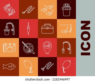 Set line Fishing spoon, rod and fish, hook under water with, float,  and Case or box container for wobbler gear fishing equipment icon. Vector