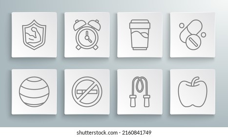 Set line Fitness ball, Alarm clock, No Smoking, Jump rope, Apple, Glass with water, Vitamin pill and Bodybuilder muscle icon. Vector