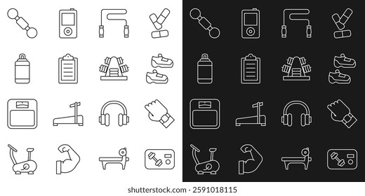 Set line Fitness club, gym card, Smart watch on hand, Sport sneakers, Jump rope, training program, Punching bag, Dumbbell and Metal rack with weights icon. Vector