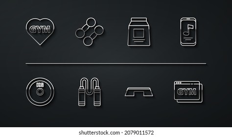 Set line Fitness gym heart, Weight plate, Music player, Step platform, Jump rope, Dumbbell, Online fitness and training and Sports nutrition icon. Vector