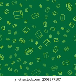 Set line Fitness mat roll, American Football ball and Hockey puck on seamless pattern. Vector