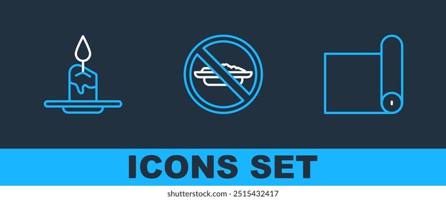 Set line Fitness mat roll, Aroma candle and Food no diet icon. Vector