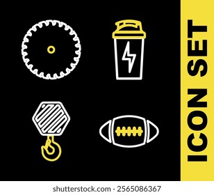 Set line Fitness shaker, American Football ball, Industrial hook and Circular saw blade icon. Vector