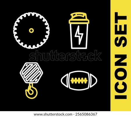 Set line Fitness shaker, American Football ball, Industrial hook and Circular saw blade icon. Vector