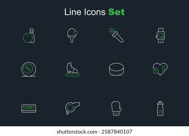 Set line Fitness shaker, Boxing glove, Whistle, Ribbon finishing line, Heart rate, Hockey puck, Skates and Billiard pool snooker ball icon. Vector