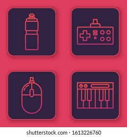 Set line Fitness shaker, Computer mouse, Gamepad and Music synthesizer. Blue square button. Vector