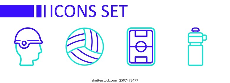 Set line Fitness shaker, Football field, Volleyball and Baseball helmet icon. Vector