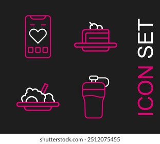 Set line Fitness shaker, Healthy food, Cake and Mobile with heart rate icon. Vector