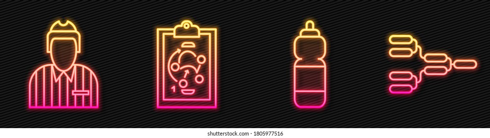 Set line Fitness shaker, Hockey judge, referee, arbiter, Planning strategy and Championship tournament bracket. Glowing neon icon. Vector