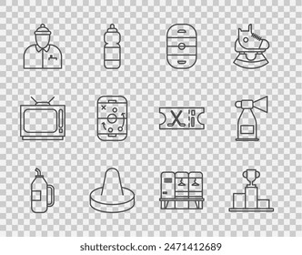 Set line Fitness shaker, Hockey over sports winner podium, Ice hockey rink, Mallet for playing air, coach, Planning strategy, Locker changing room and Air horn icon. Vector