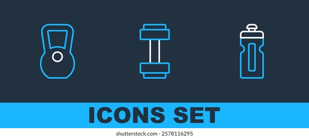 Set line Fitness shaker, Kettlebell and Dumbbell icon. Vector