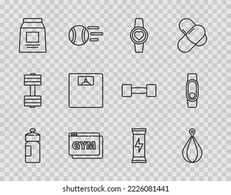 Set Line Fitness Shaker, Punching Bag, Smartwatch, Online Fitness And Training, Sports Nutrition, Bathroom Scales,  And  Icon. Vector