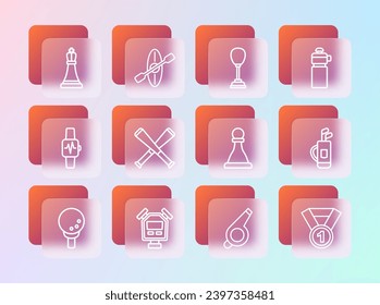 Set line Fitness shaker, Stopwatch, Chess, Whistle, Crossed baseball bat, Punching bag,  and Kayak and paddle icon. Vector