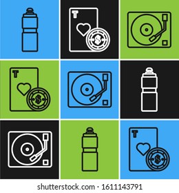 Set line Fitness shaker, Vinyl player with a vinyl disk and Casino chip and playing cards icon. Vector