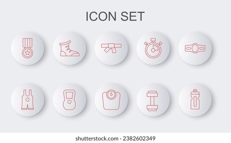 Set line Fitness shaker, Wrestling singlet, Black karate belt, Dumbbell, Medal, Sport boxing shoes, Kettlebell and Bathroom scales icon. Vector