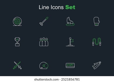 Set line Zapatillas de fitness, Cinta en la línea de meta, Casco de carreras, Esgrima, Cuerda de salto, Bandera, Pin de bolos e icono de copa de premio. Vector