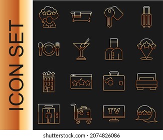 Set line Five stars rating review, Hotel room bed, door lock key, Martini glass, Plate, fork and knife,  and Concierge icon. Vector
